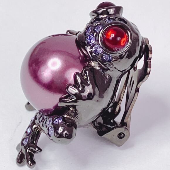 Joan Rivers Signed Frog Earrings Rhinestones Fx Pearl Clip On Vintage Whimsical - Picture 4 of 11